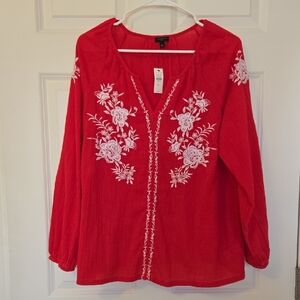 Talbots Red Floral Embroidered Blouse